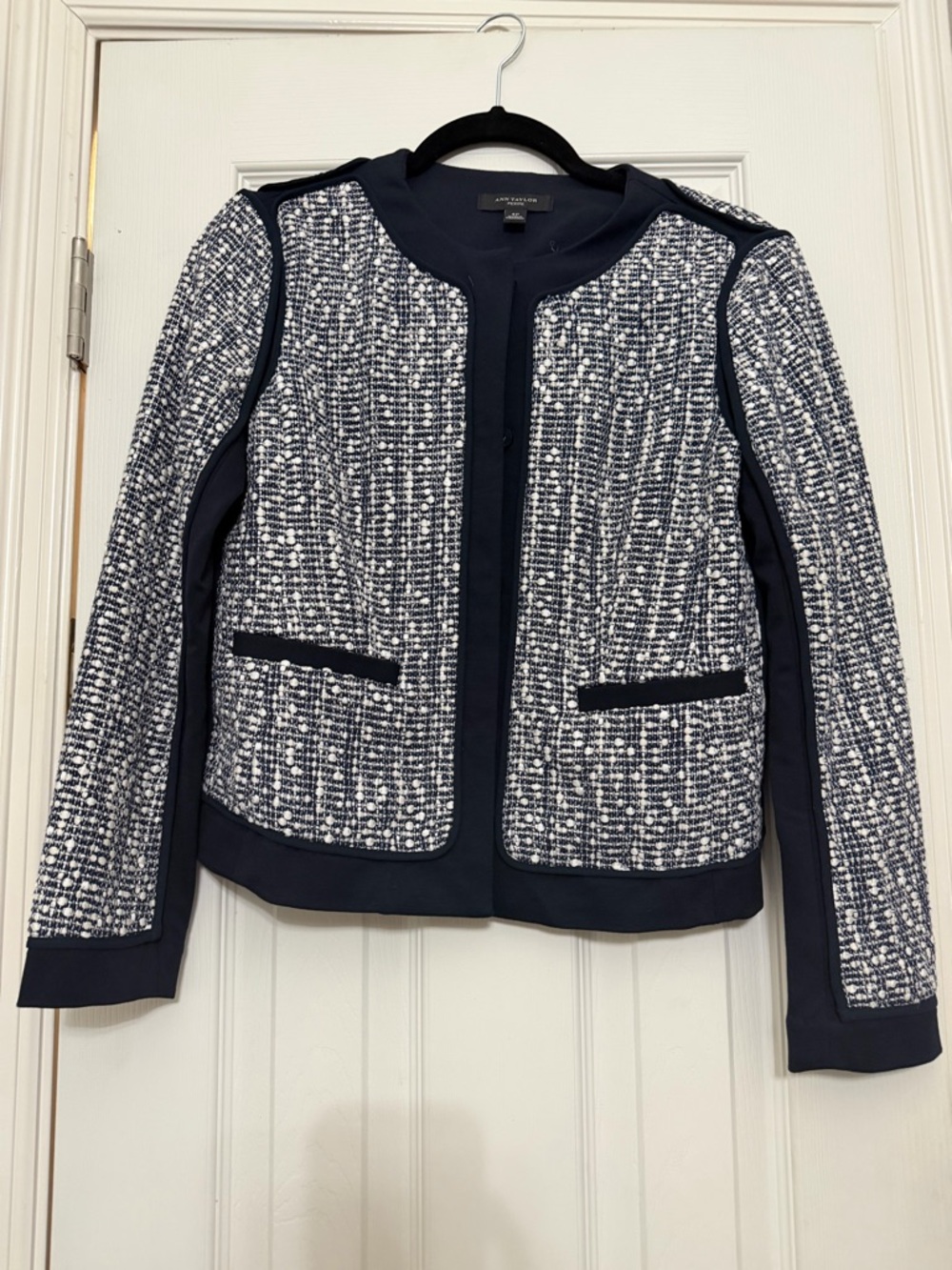 Ann Taylor Navy and White Tweed-Textured Jacket